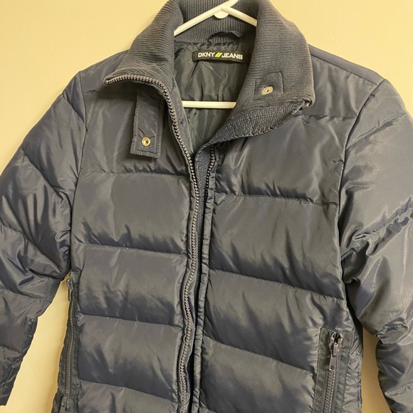 DKNY Jeans Long Navy Puffer Winter Jacket Coat - Picture 3 of 7